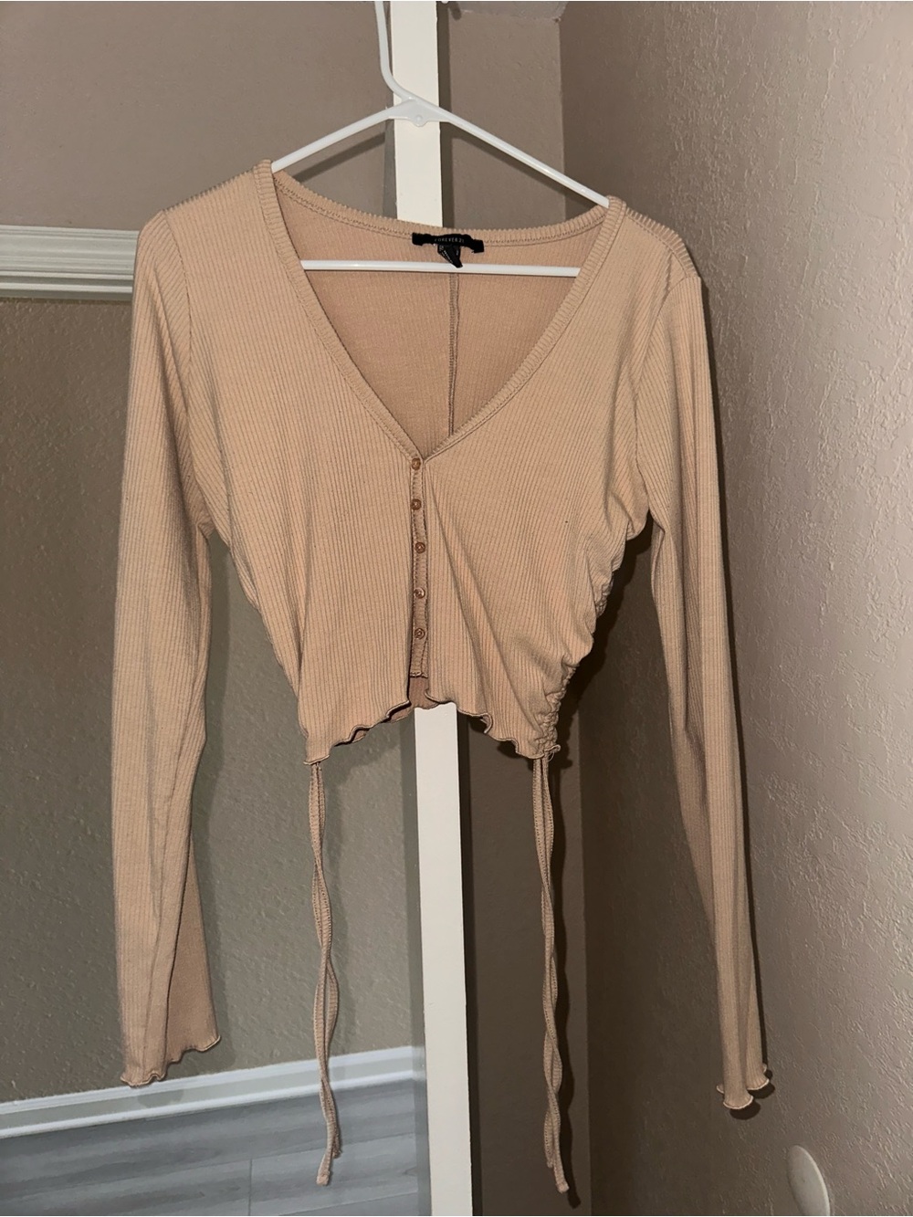 Forever 21 Beige Ribbed V-Neck Drawstring Crop Top